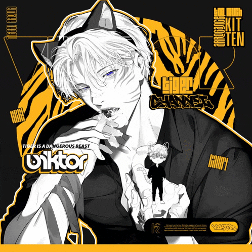 a black and white drawing of a man with a cat ear headband and the name viktor