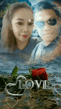a man and a woman are standing next to each other with a red rose in the foreground and the word love in the background