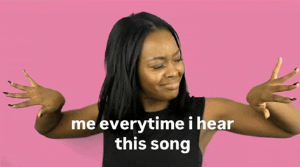 a woman with her arms outstretched and the words me everytime i hear this song behind her
