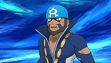 a pixel art of a man with a beard wearing a blue hat with an a on it