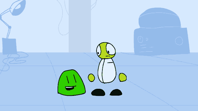a cartoon drawing of a yellow and white character with a green smiley face