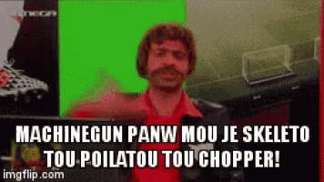 a man with a mustache is standing in front of a green screen that says machinegun panw mou je skeleto