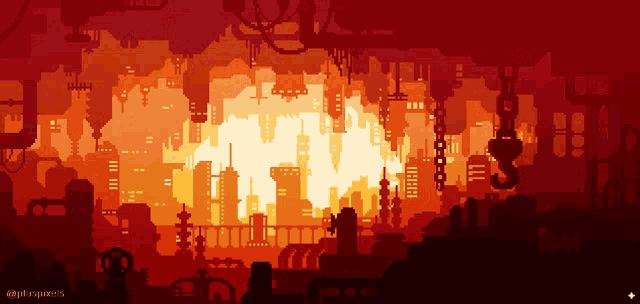a pixel art of a city with the hashtag @pluspixels on the bottom