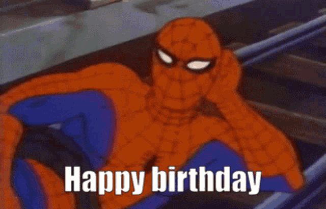 a cartoon of spider-man laying on the tracks with the words happy birthday written below him