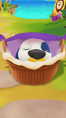 a cartoon dog is sleeping in a basket with a purple scarf around its head