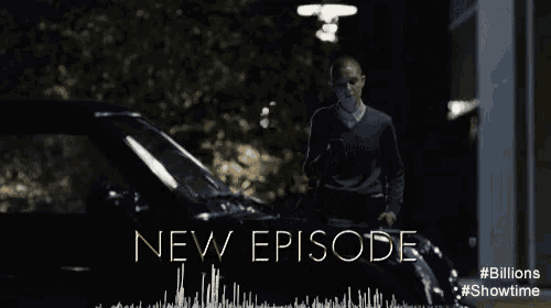 a man standing next to a car with the words " new episode " on it