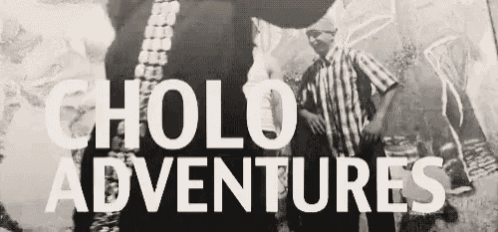 a black and white photo of two men standing next to each other with the words cholo adventures written in white letters .