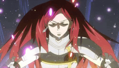 a girl with red hair is holding a sword and a purple light is coming out of her hands .