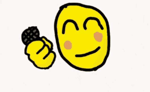 a yellow smiley face is holding a microphone in its hand .