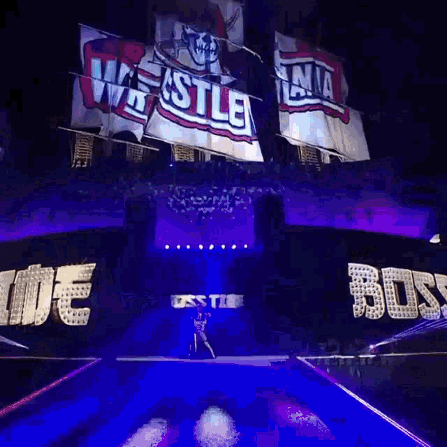 a wrestler is walking down the aisle at a wrestling show
