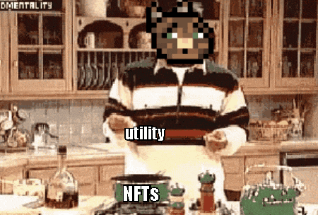 a pixel art of a man cooking with the words utility nfts