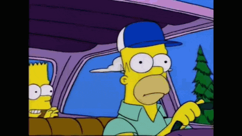 homer simpson is driving a car with bart in the back seat