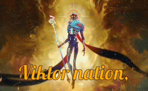 a painting of a man with a cane and the words viktor nation below him
