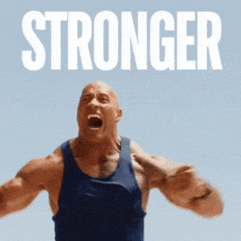 a man in a blue tank top is screaming in front of a blue sky with the word stronger above him