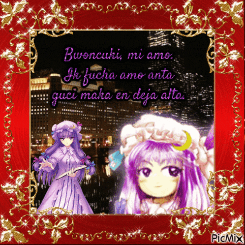 a picture of a girl in a purple dress with the words " bwoncuhi mi amo "