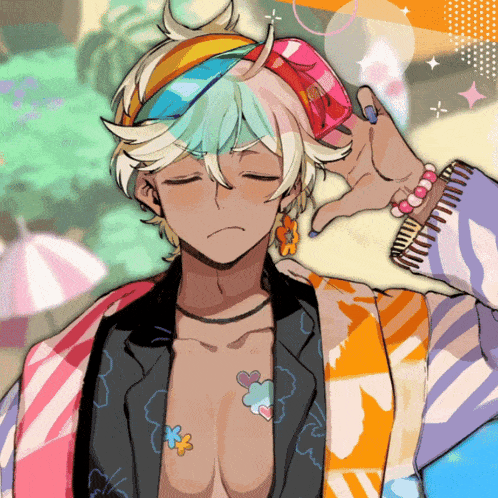 a drawing of a man wearing a colorful shirt with a flower on his chest