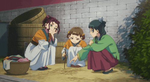 a group of anime characters are gathered in front of a wall
