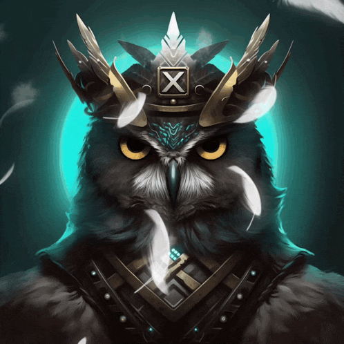 an owl wearing a crown with an x on it 's head