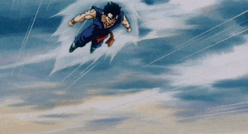 a cartoon character is flying through the air in a cloudy sky