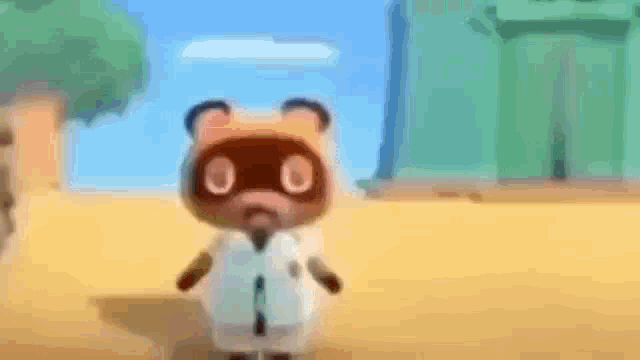 tom nook from animal crossing new horizons is standing in front of a building in a video game .