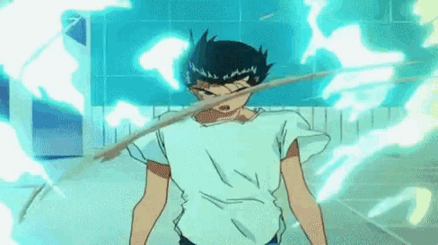 a man in a white shirt is standing in front of a building with a sword in his mouth .