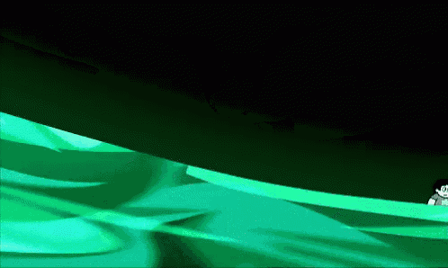 a cartoon character is standing in front of a green wave