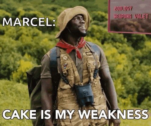 a man with a backpack and binoculars says cake is my weakness in a meme