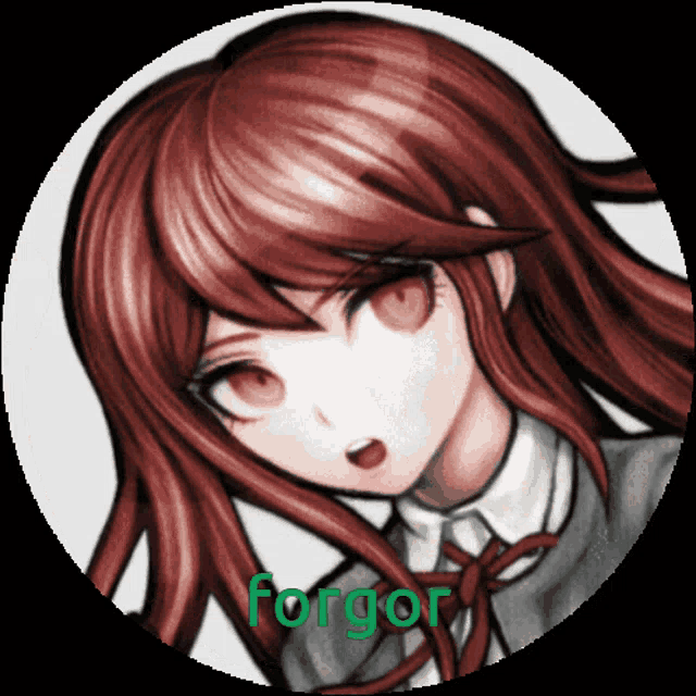 a picture of a girl with red hair and the word forgor in green