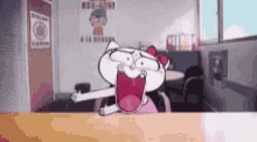 a cartoon cat with a pink bow is sitting at a table with its mouth open .