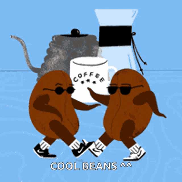 a cartoon of two coffee beans dancing with a cup of coffee