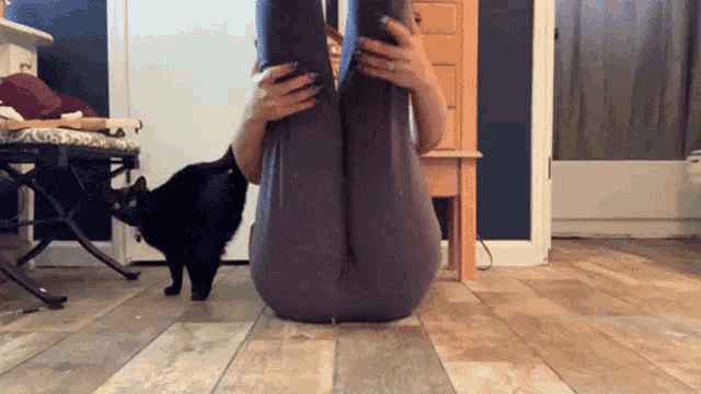 a woman is sitting on the floor with her legs crossed and a black cat looking at her