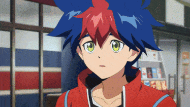a boy with blue hair and green eyes is standing in front of a convenience store