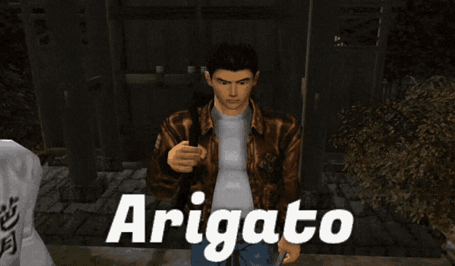 a man in a brown jacket stands in front of a sign that says " arigato "