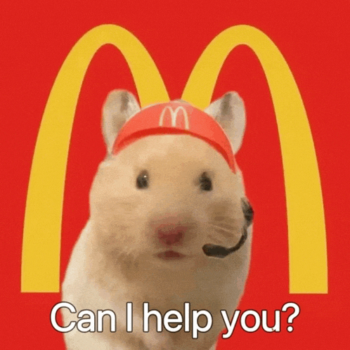 a hamster wearing a mcdonald 's hat and headset is asking if he can help you