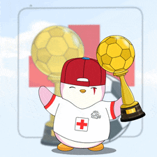 a cartoon character holding a trophy and a soccer ball in front of a red cross
