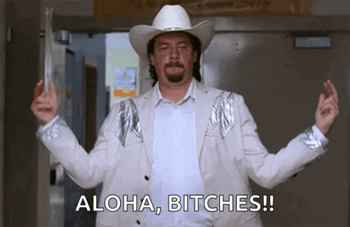a man wearing a cowboy hat and a white jacket is saying aloha bitches