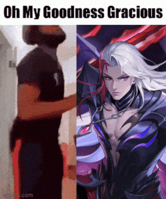 a man standing next to a picture of a man with long white hair