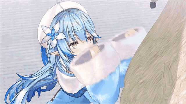a blue haired anime girl with a flower in her hair is holding something