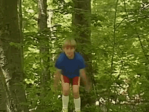 a young boy in a blue shirt and red shorts is standing in the woods with his arms outstretched .