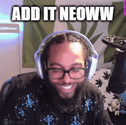 a man wearing headphones and glasses is smiling and says add it neoww