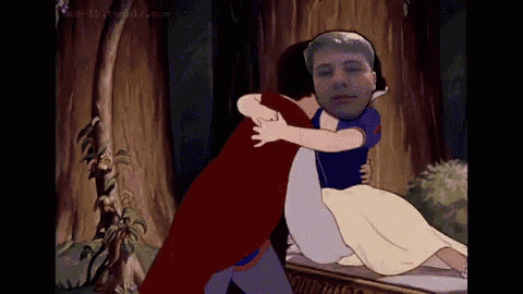a cartoon of snow white and the seven dwarfs with a man 's face on the girl 's face