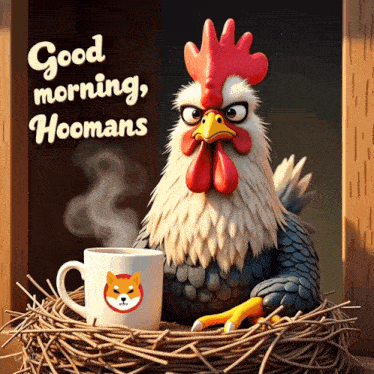 a rooster is sitting in a nest with a cup of coffee and the words good morning hoomans