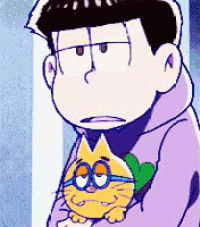 a cartoon character in a purple hoodie is holding a yellow cat