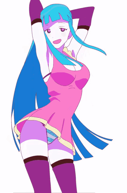 a girl with long blue hair is wearing a pink dress and purple stockings