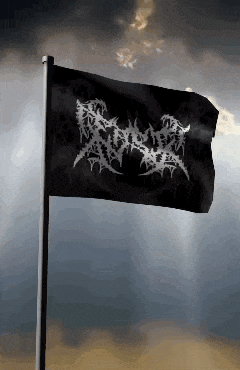 a black flag with a white logo is flying in the wind