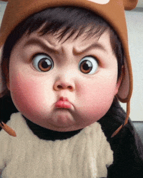 a baby wearing a brown hat and a white sweater makes an angry face