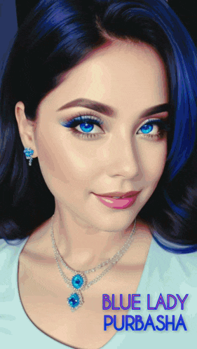 a woman with blue hair has the name blue lady purbasha on her face