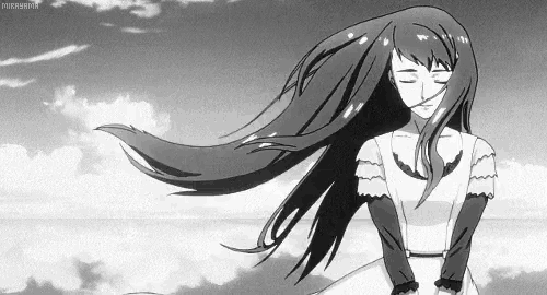 a black and white drawing of a girl with long hair blowing in the wind .