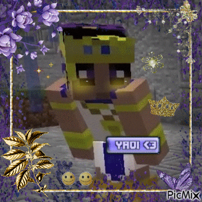 a picture of a minecraft character with purple flowers and a yaoi 3 sign