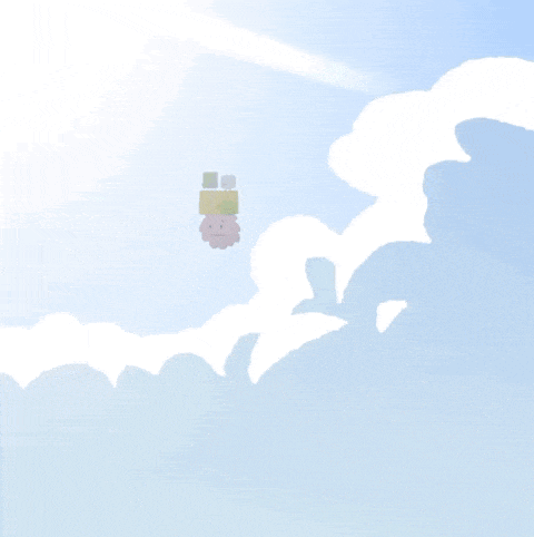 a cartoon character is flying through the air with a green hat on